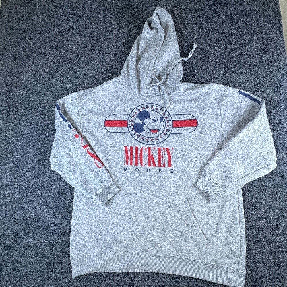Disney Mickey Mouse Hoodie Mens Large Heather Gray Fleece Lined Pullover Winter